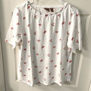 Chicos White 100%Cotten T Shirt with Neck detailing and Watermelon Print